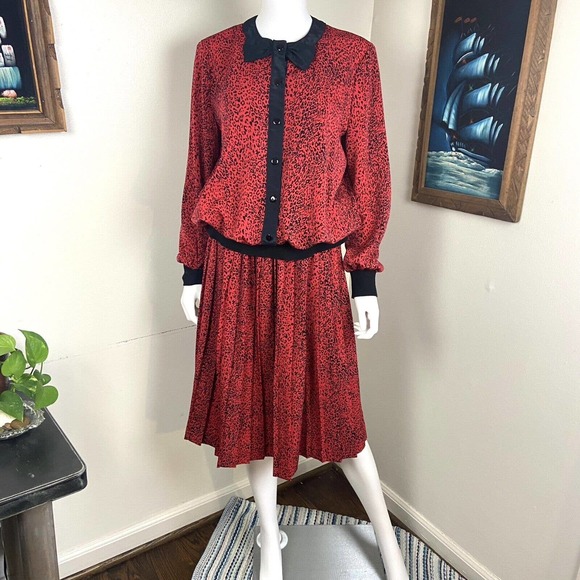 Vintage 80s Red Leopard Bow Secretary Midi Dress Pleated M Medium 1980s - Picture 2 of 10